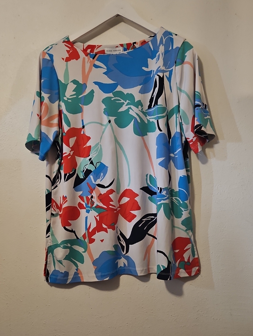 Susan Graver White Short-Sleeve Top with Blue, Red and Green Floral Print